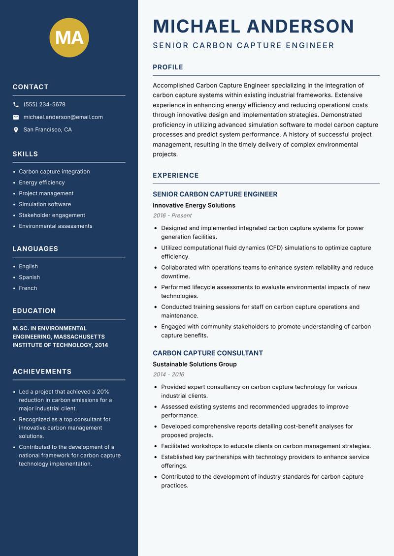 Carbon Capture Engineer Resume Preview Example