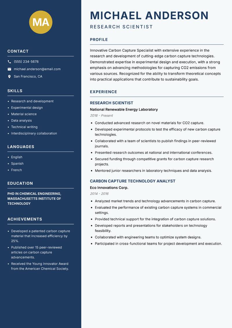 Carbon Capture Specialist Resume Preview Example