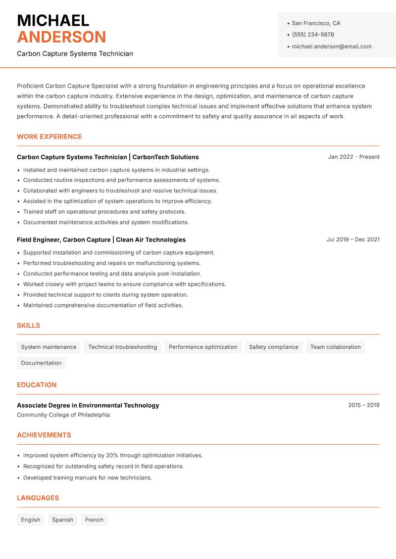 Carbon Capture Specialist Resume Template