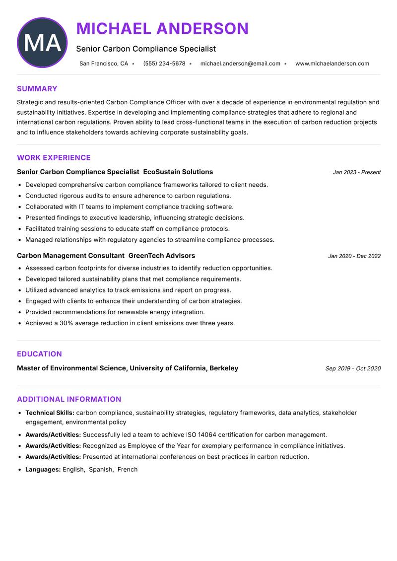 Carbon Compliance Officer Resume Preview Example
