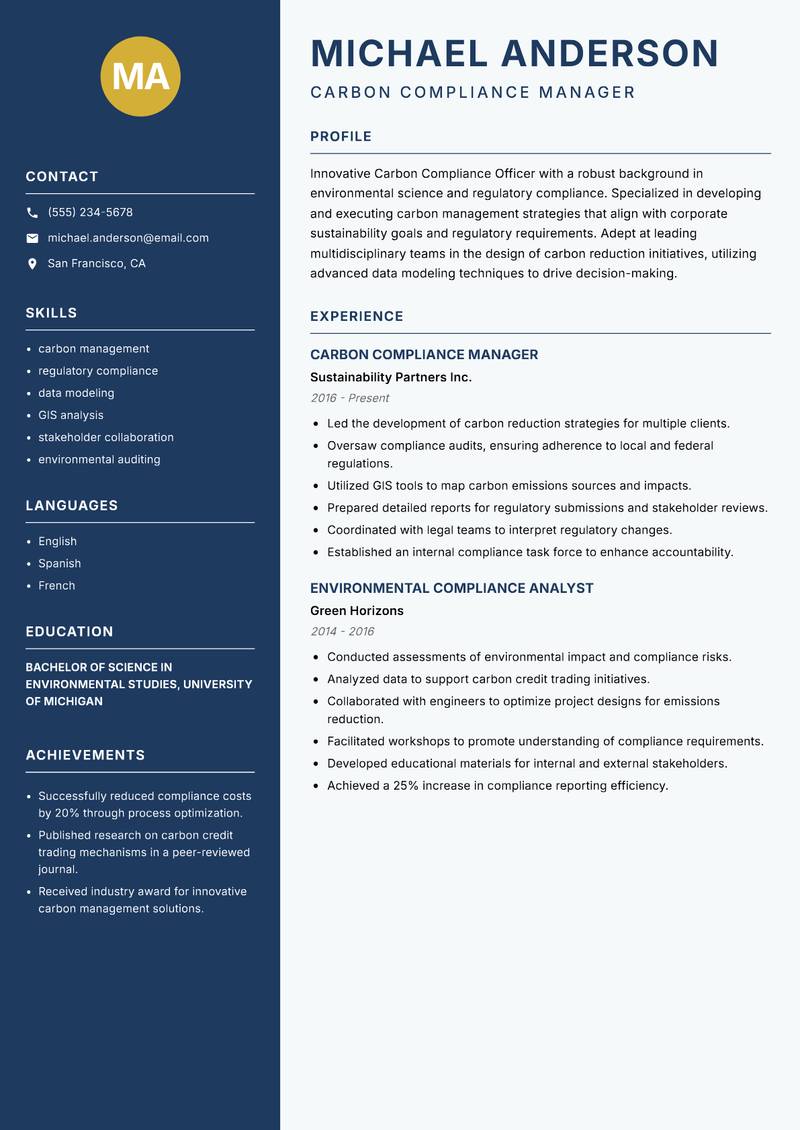 Carbon Compliance Officer Resume Preview Example