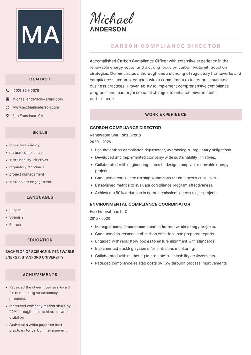 Carbon Compliance Officer Resume Preview Example