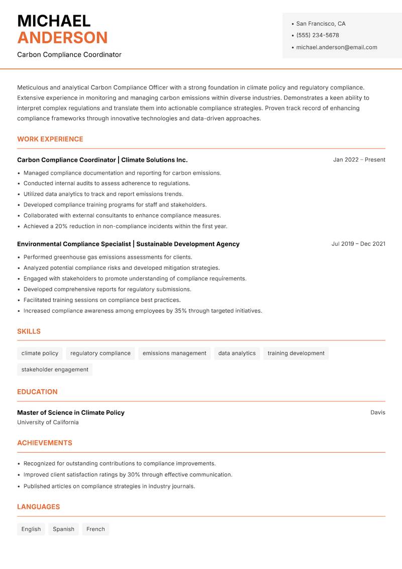 Carbon Compliance Officer Resume Template