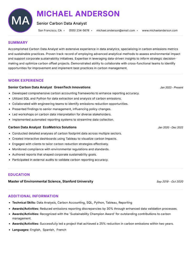 Carbon Data Analyst Resume Preview Example