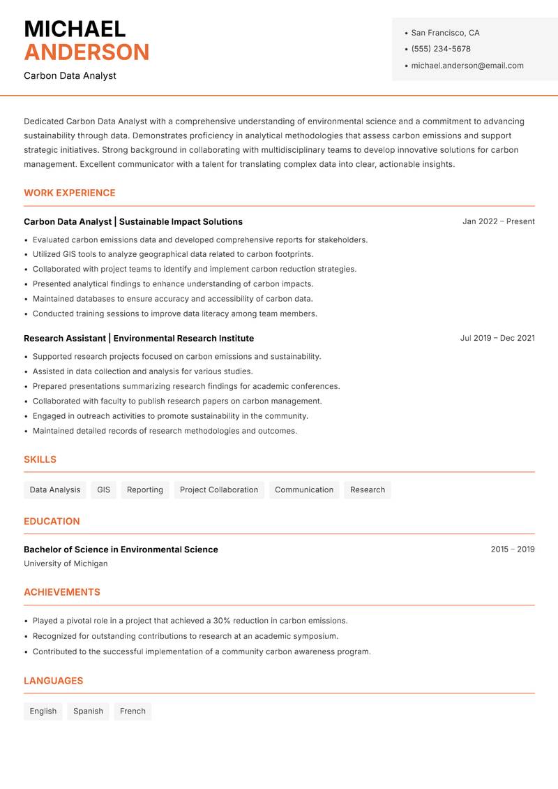 Carbon Data Analyst Resume Template
