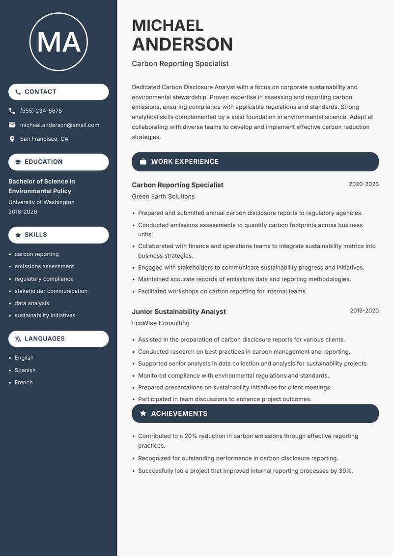 Carbon Disclosure Analyst Resume Preview Example