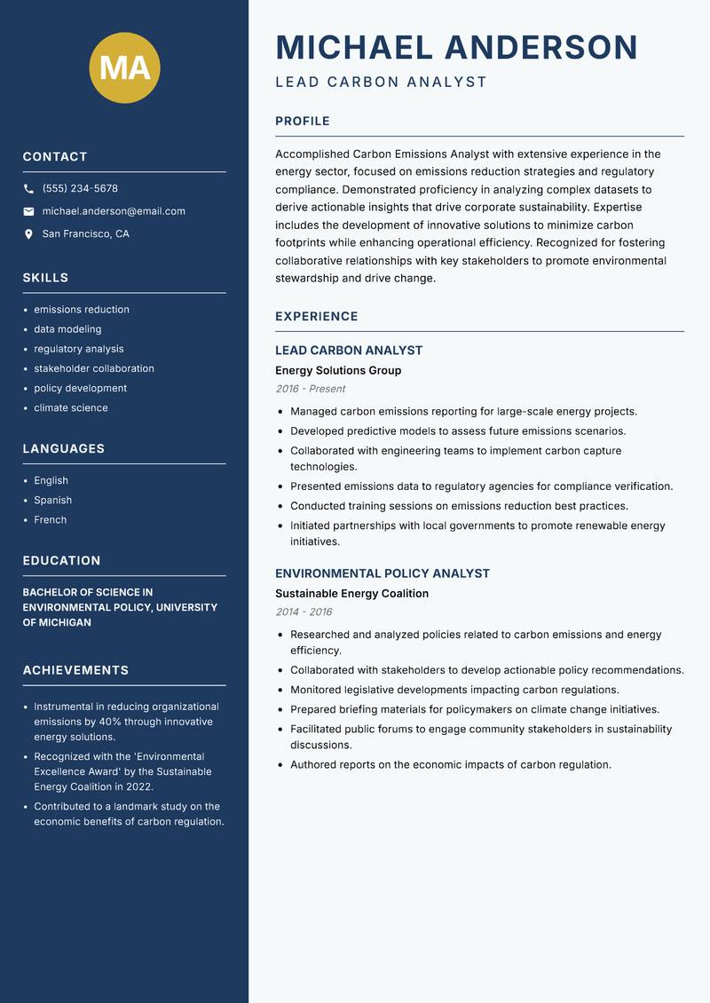 Carbon Emissions Analyst Resume Preview Example