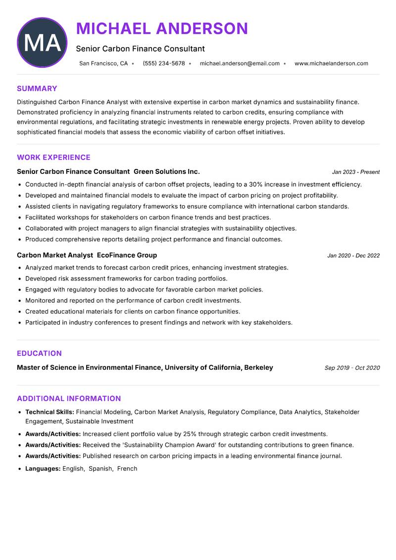 Carbon Finance Analyst Resume Preview Example