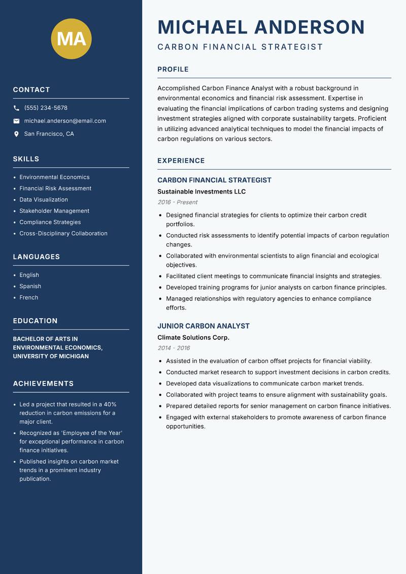 Carbon Finance Analyst Resume Preview Example