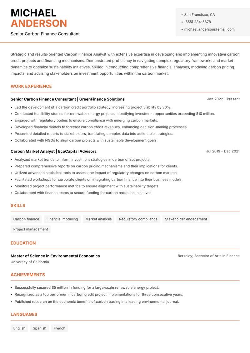 Carbon Finance Analyst Resume Template