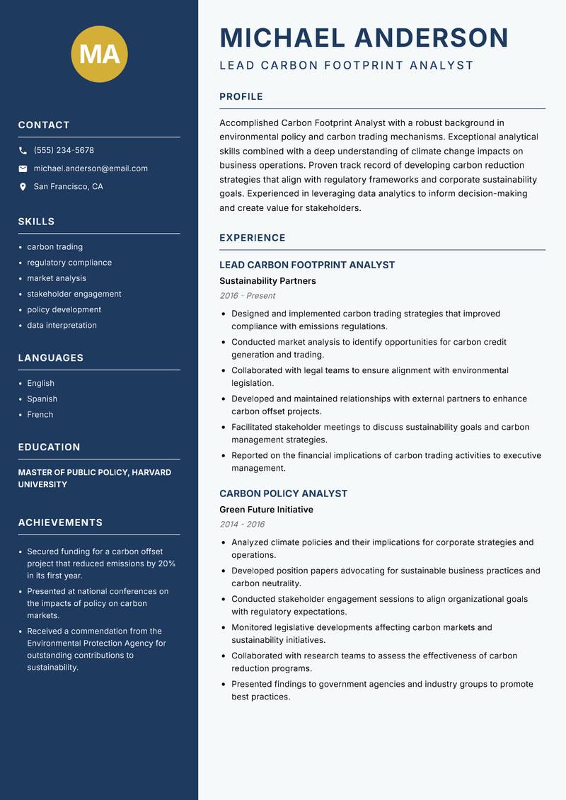 Carbon Footprint Analyst Resume Preview Example