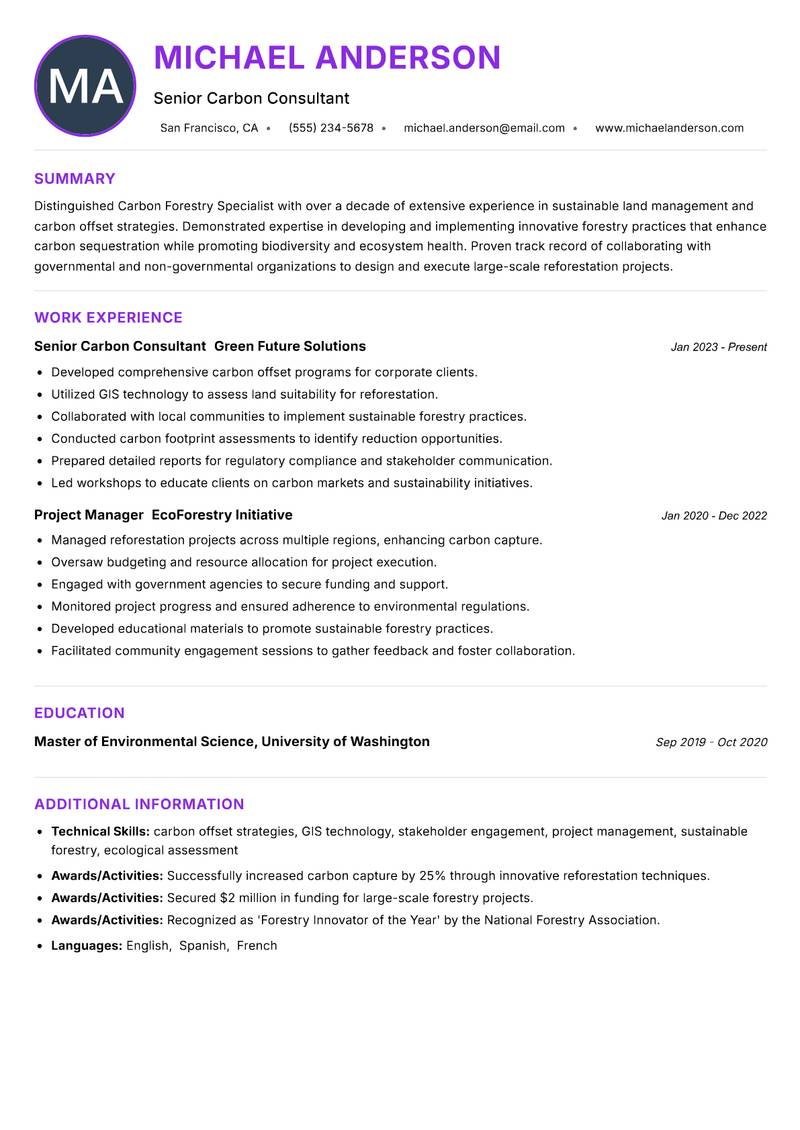 Carbon Forestry Specialist Resume Preview Example
