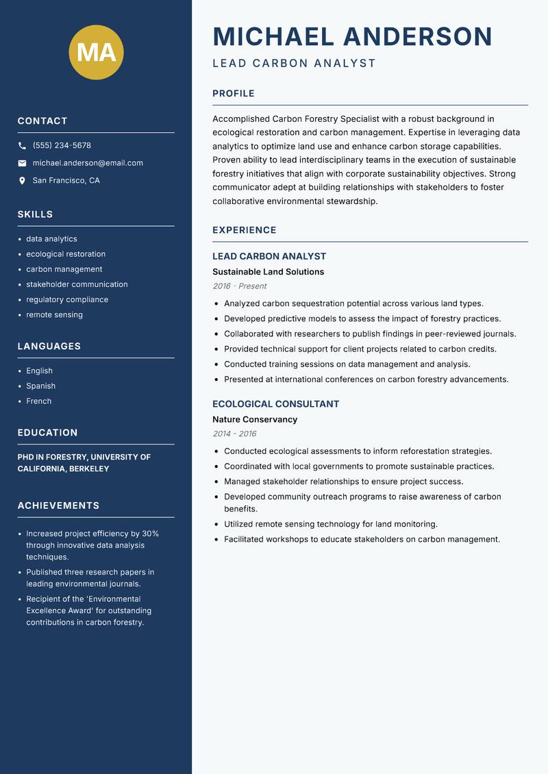 Carbon Forestry Specialist Resume Preview Example