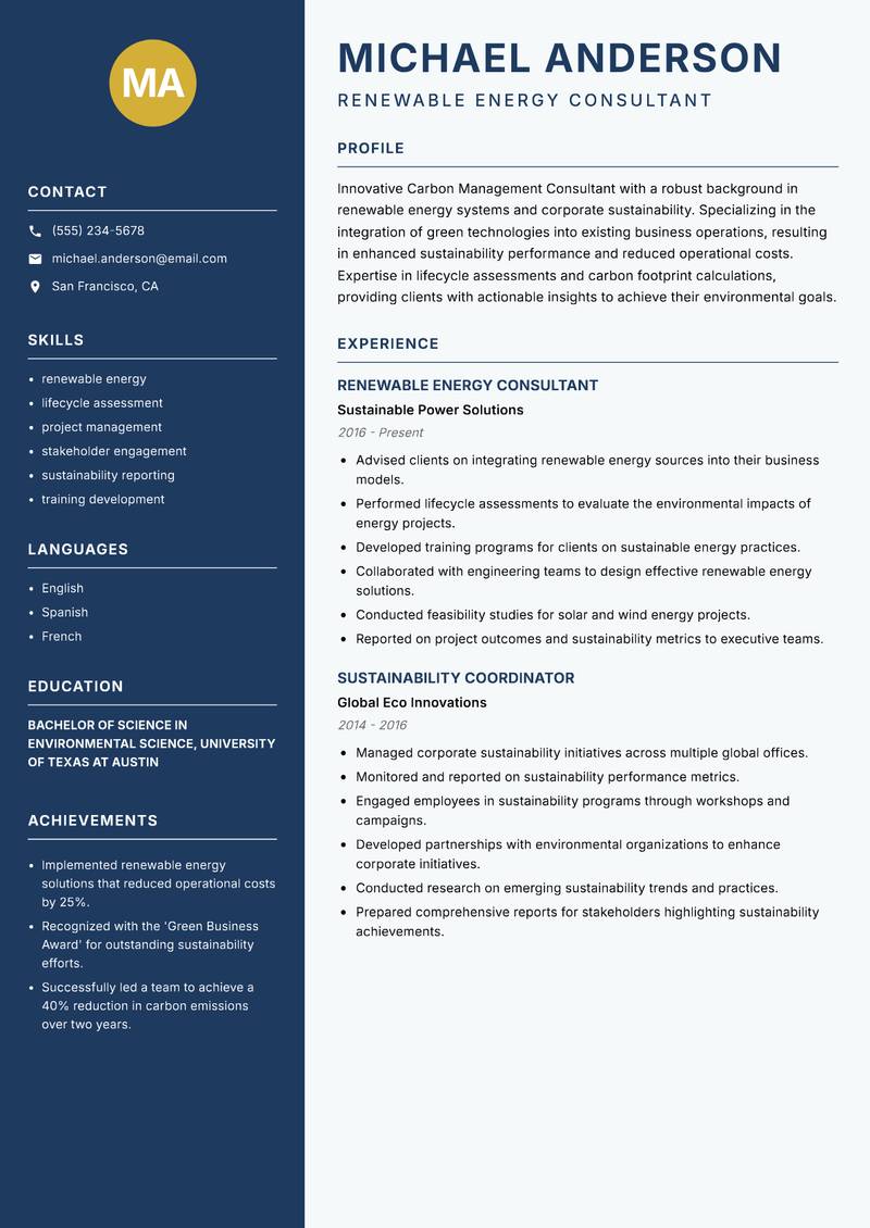 Carbon Management Consultant Resume Preview Example