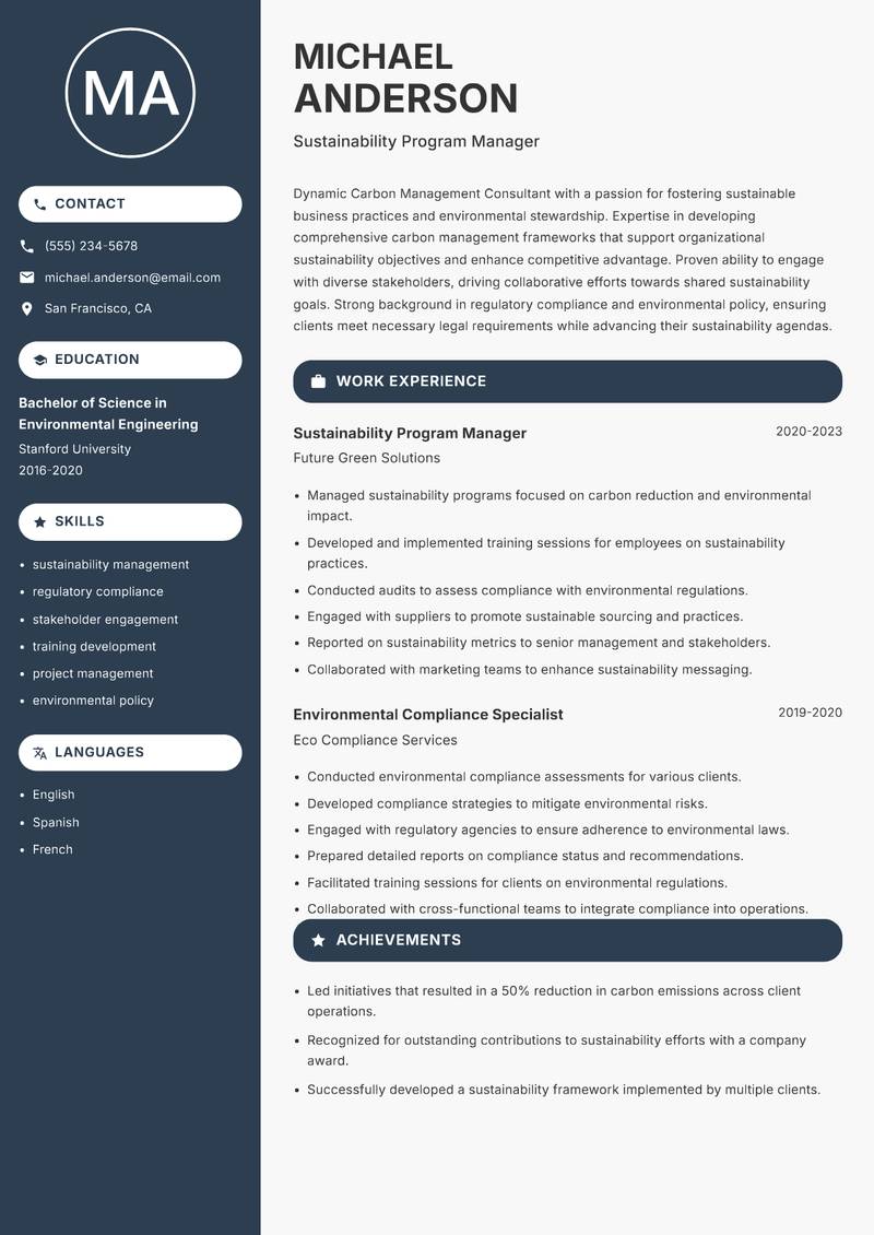 Carbon Management Consultant Resume Preview Example