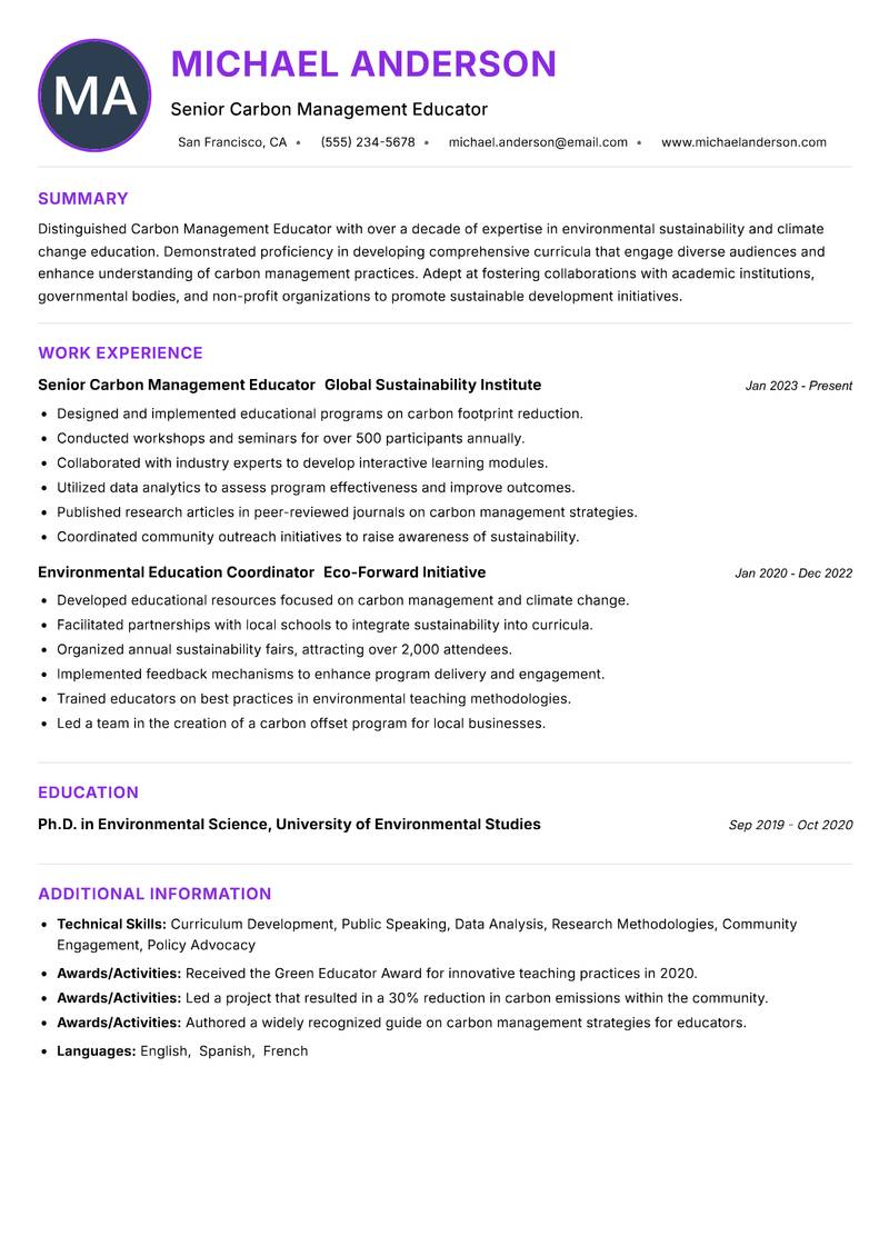 Carbon Management Educator Resume Preview Example