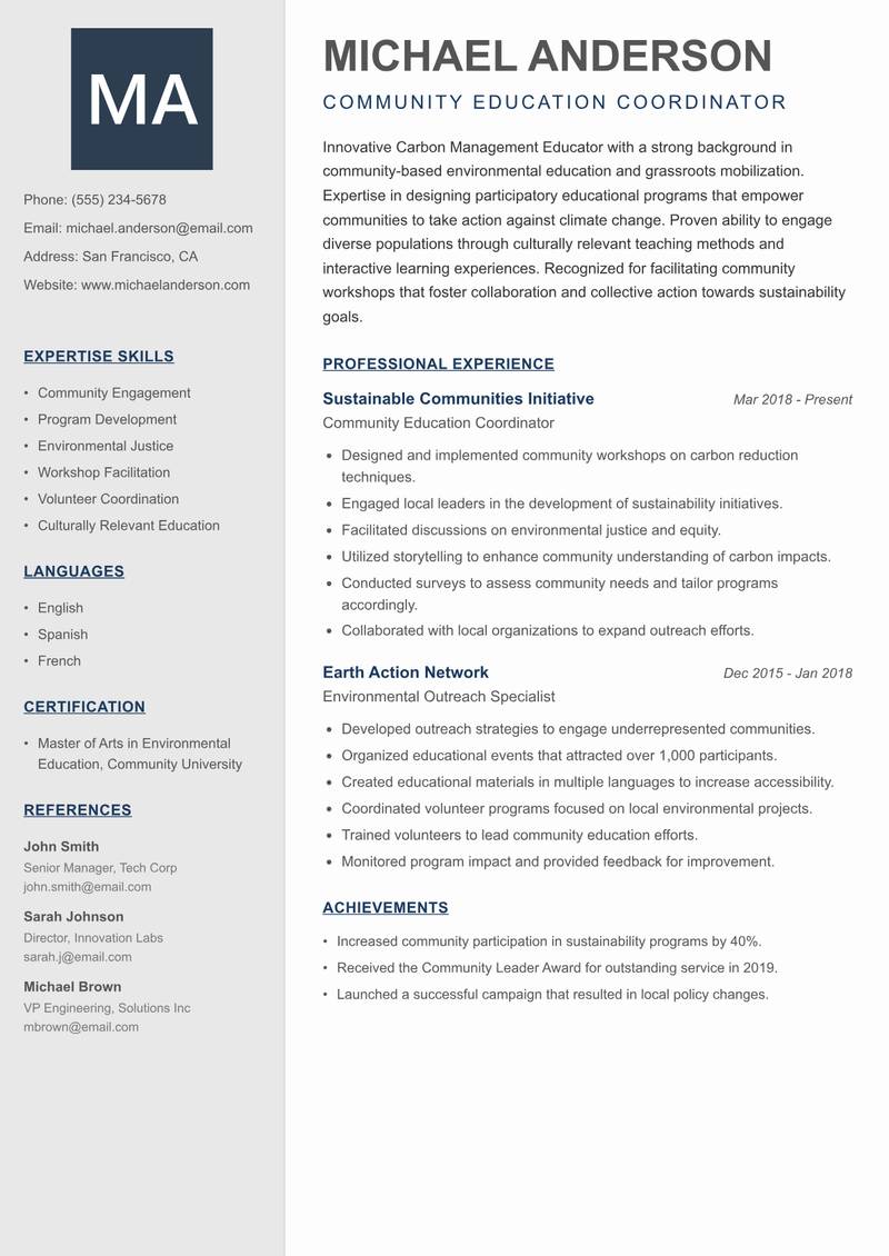 Carbon Management Educator Resume Preview Example