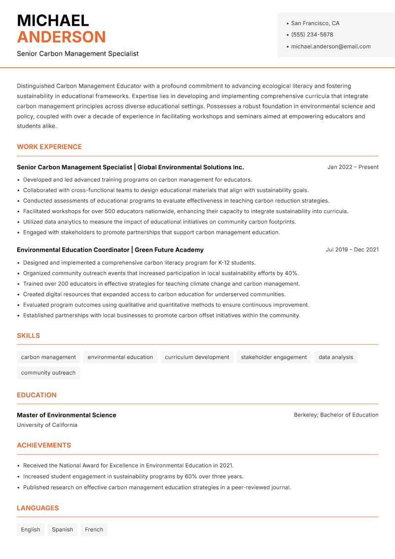 Carbon Management Educator Resume Template