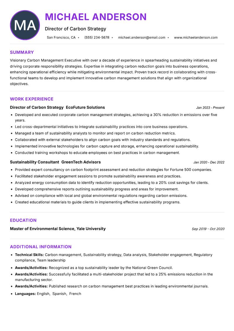 Carbon Management Executive Resume Preview Example