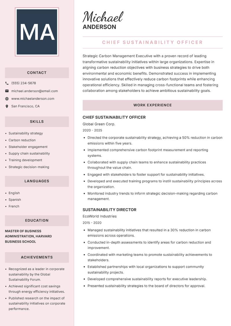 Carbon Management Executive Resume Preview Example