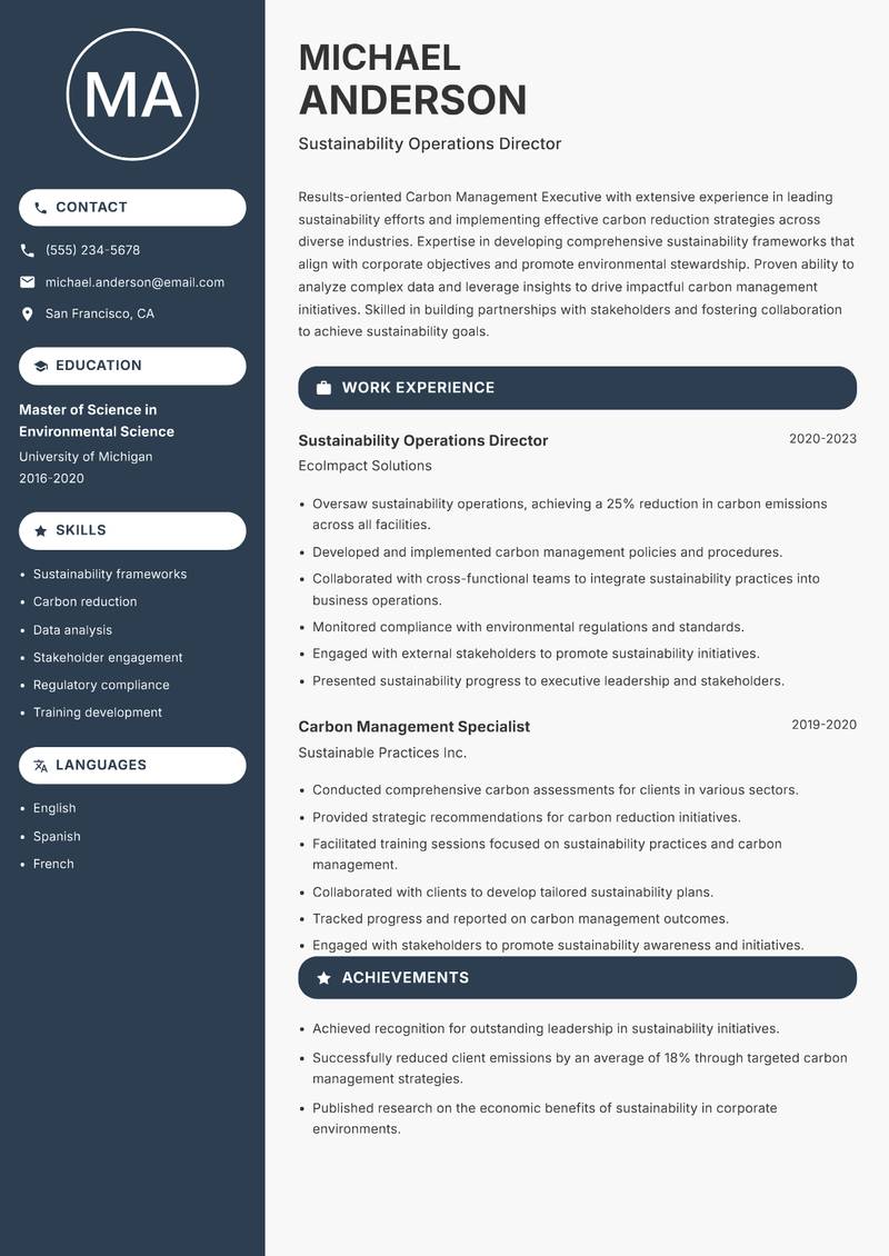 Carbon Management Executive Resume Preview Example