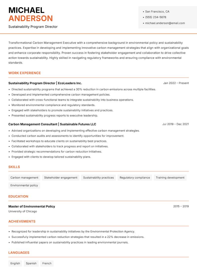 Carbon Management Executive Resume Template