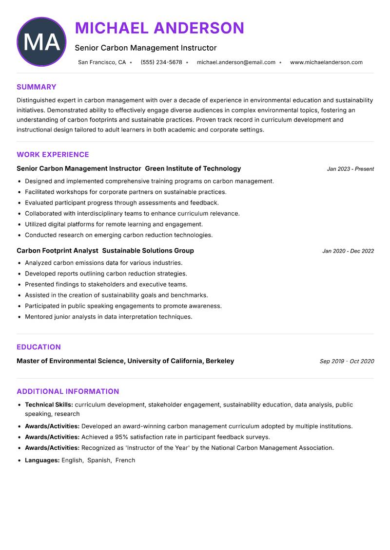Carbon Management Instructor Resume Preview Example
