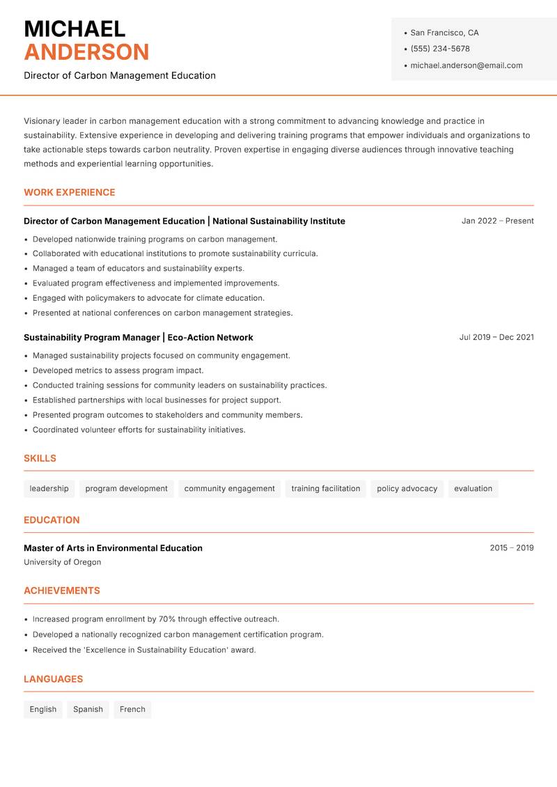 Carbon Management Instructor Resume Template