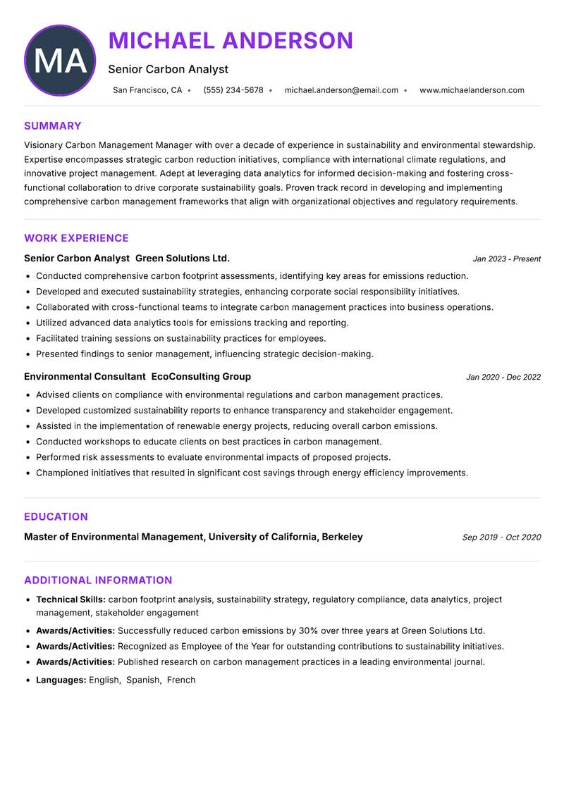 Carbon Management Manager Resume Preview Example