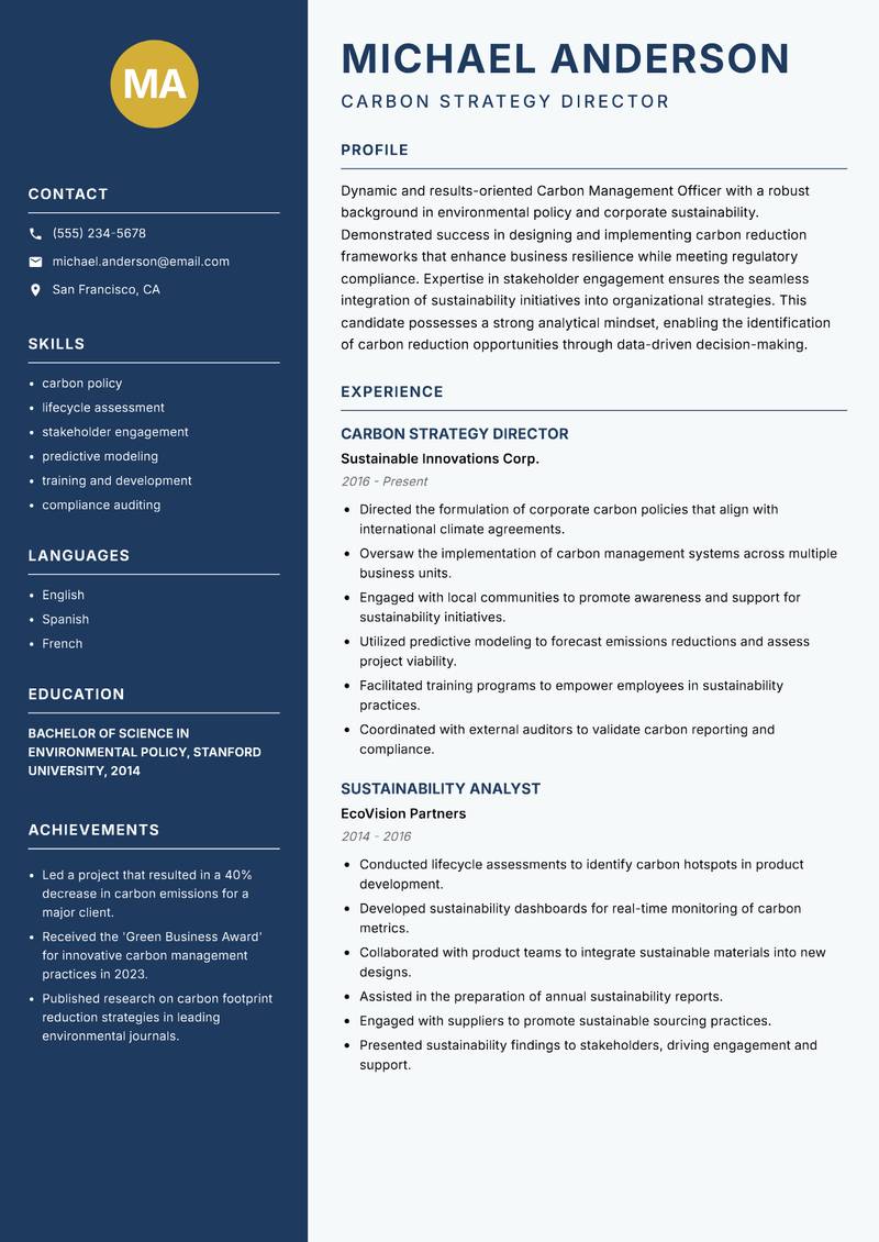 Carbon Management Officer Resume Preview Example