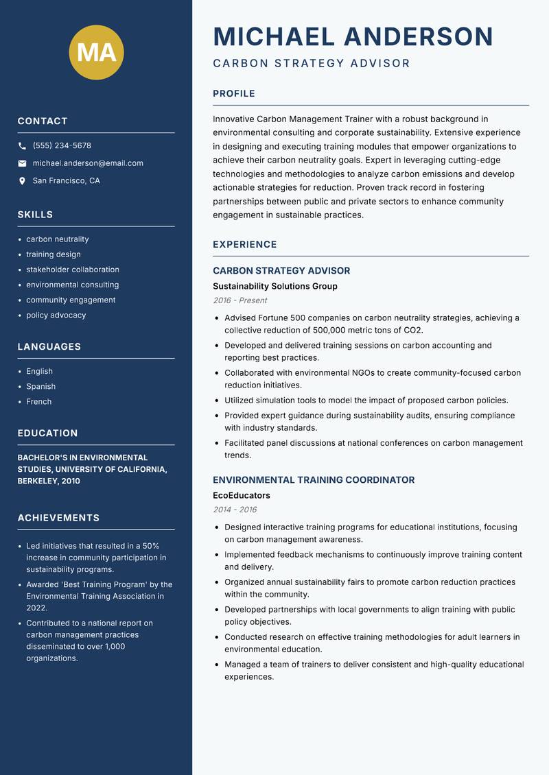 Carbon Management Trainer Resume Preview Example