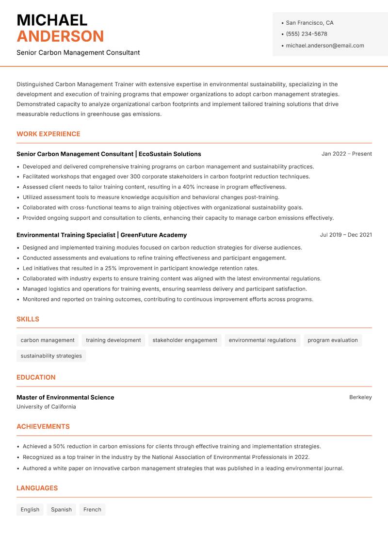 Carbon Management Trainer Resume Template