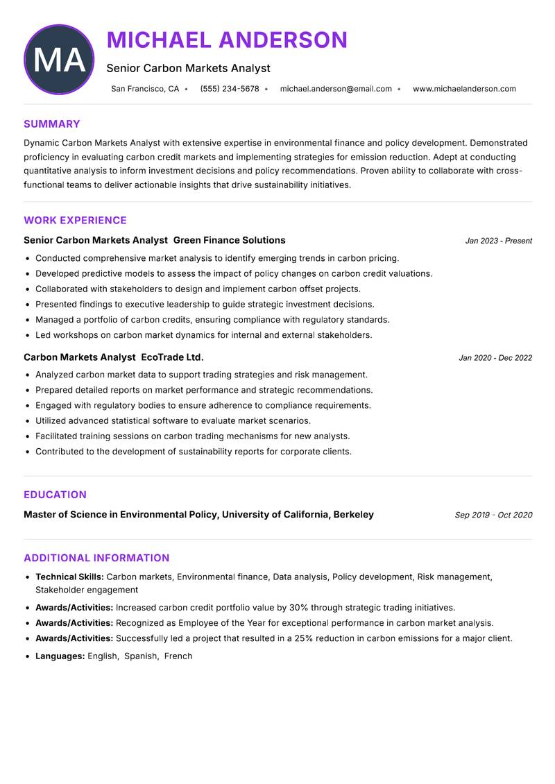 Carbon Markets Analyst Resume Preview Example