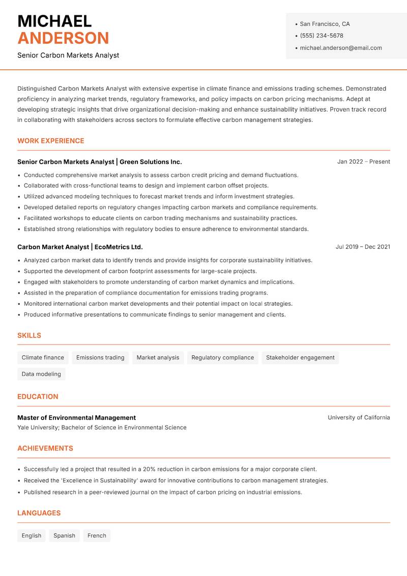Carbon Markets Analyst Resume Template