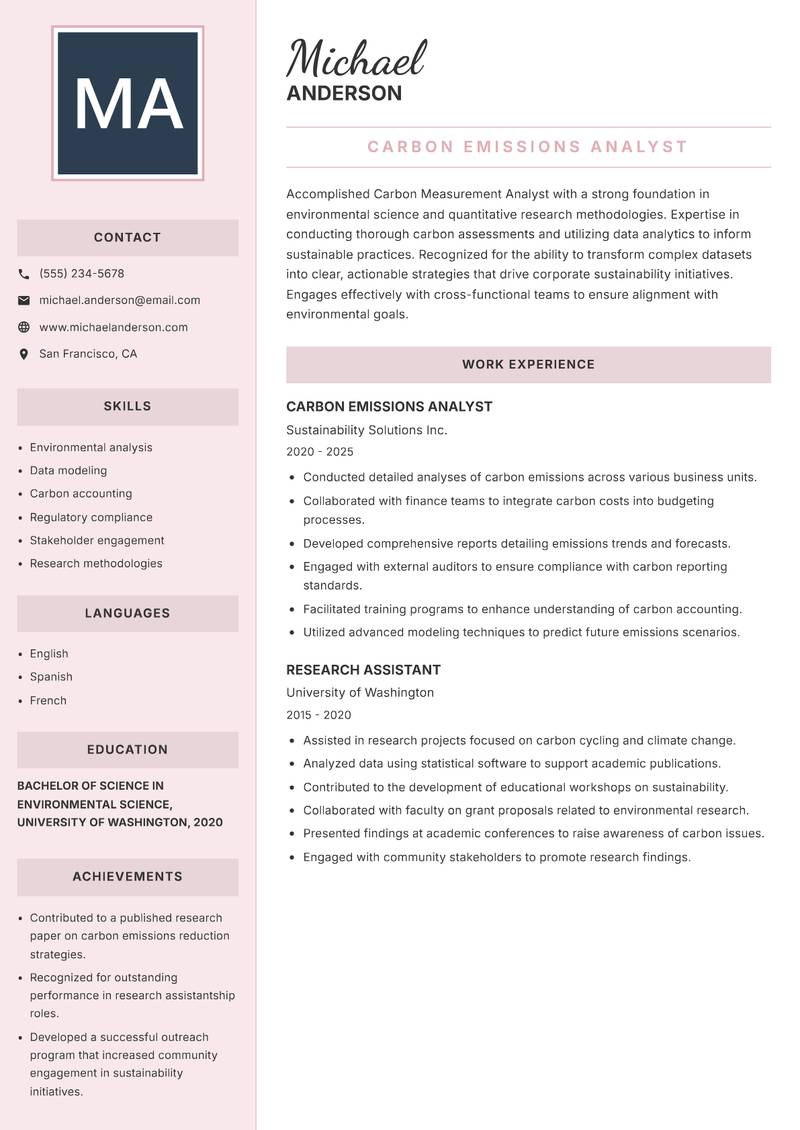 Carbon Measurement Analyst Resume Preview Example