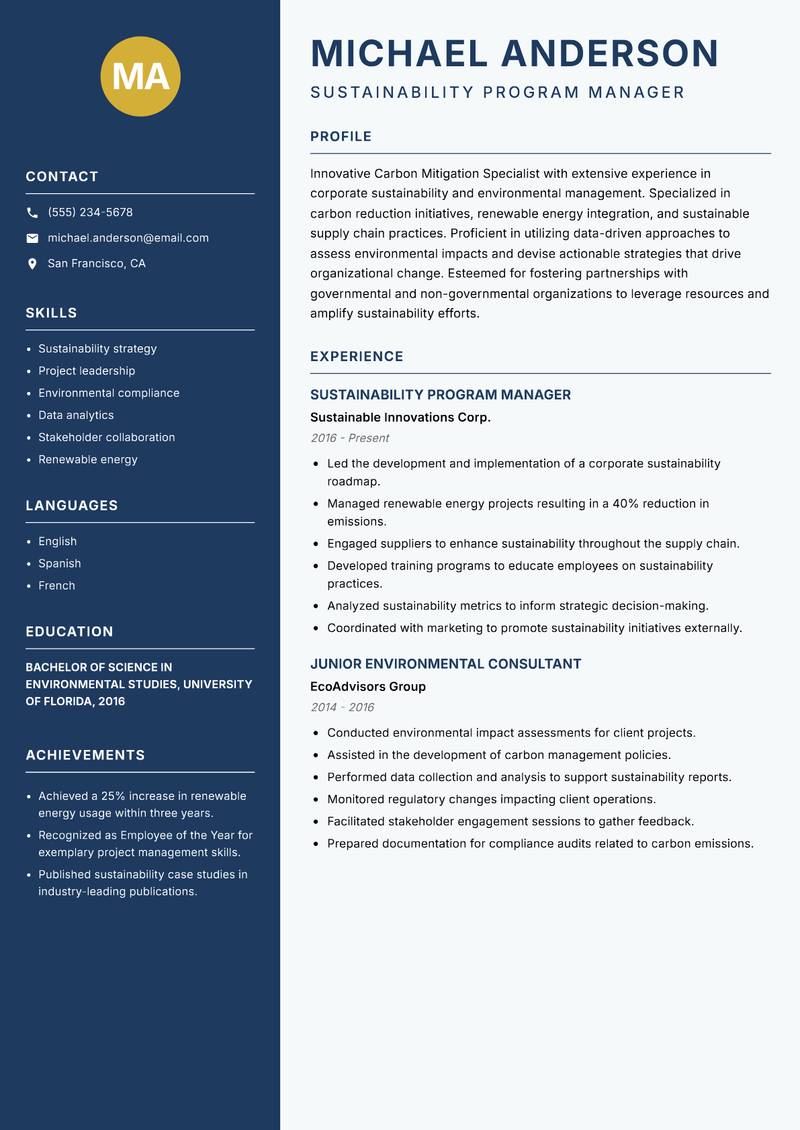 Carbon Mitigation Specialist Resume Preview Example