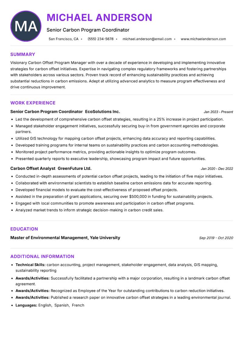 Carbon Offset Program Manager Resume Preview Example