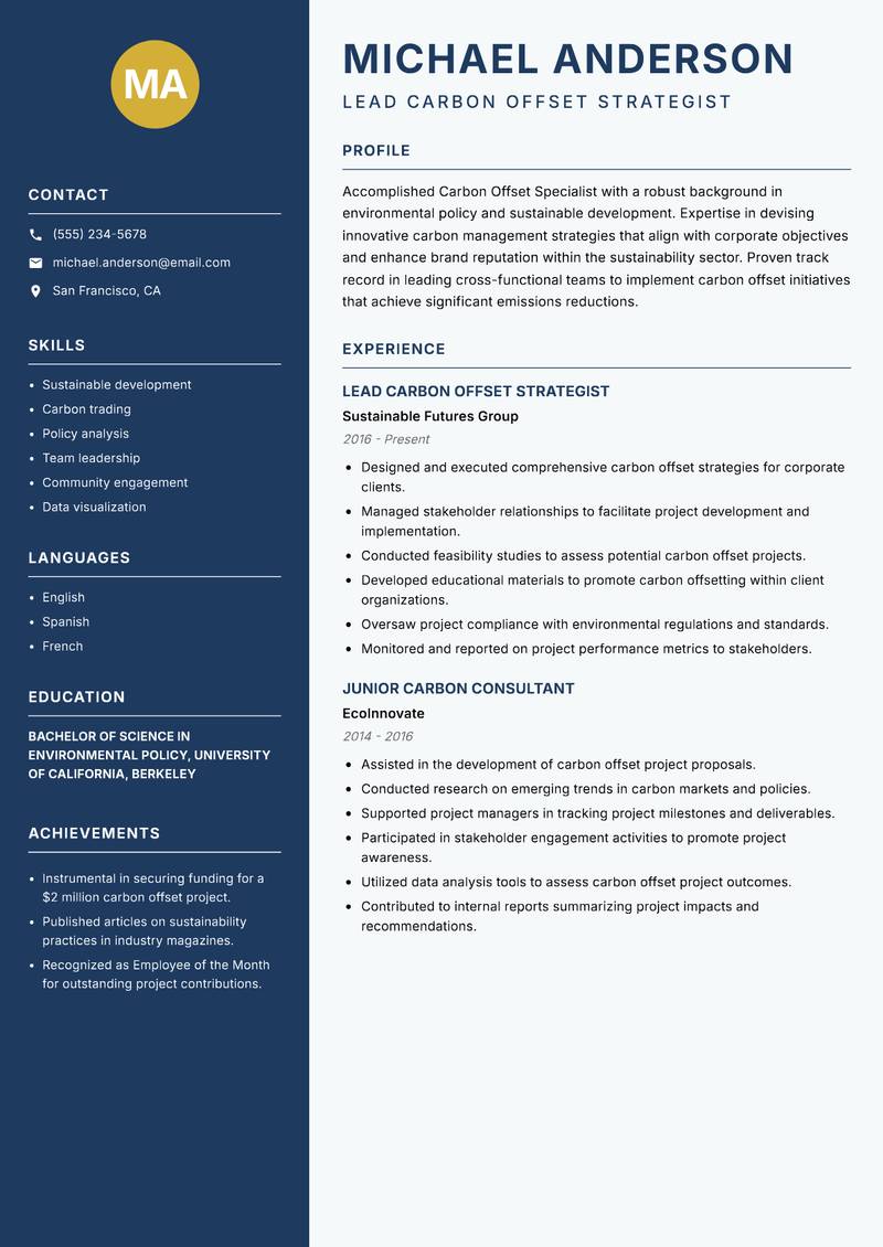 Carbon Offset Specialist Resume Preview Example