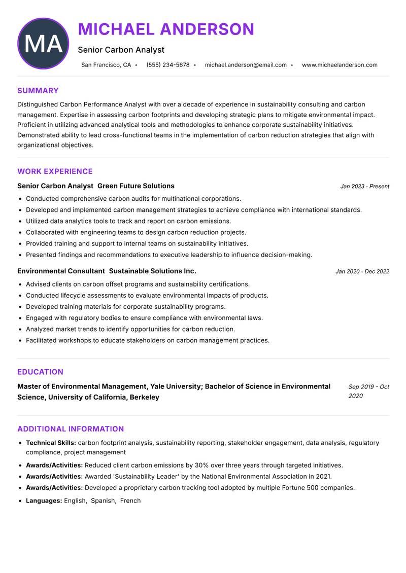Carbon Performance Analyst Resume Preview Example