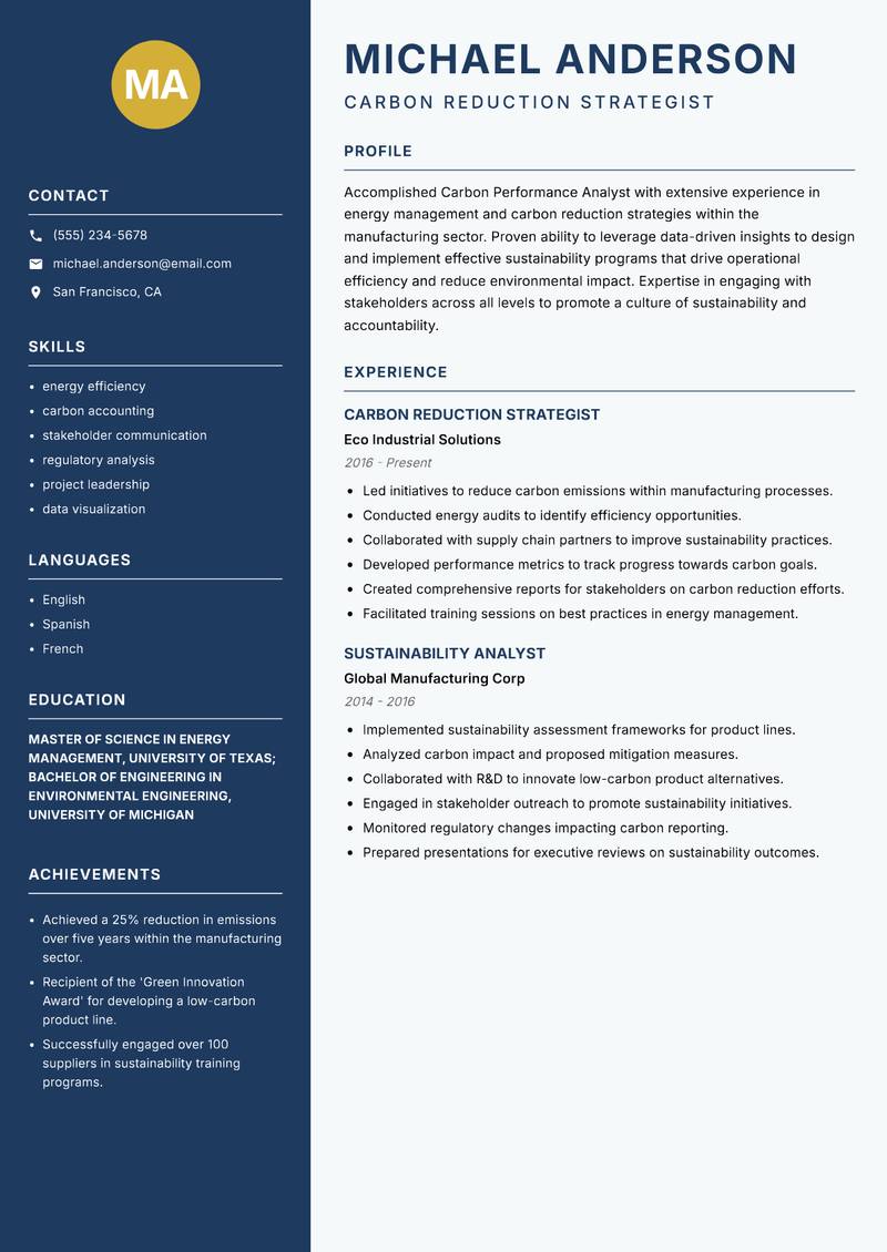 Carbon Performance Analyst Resume Preview Example