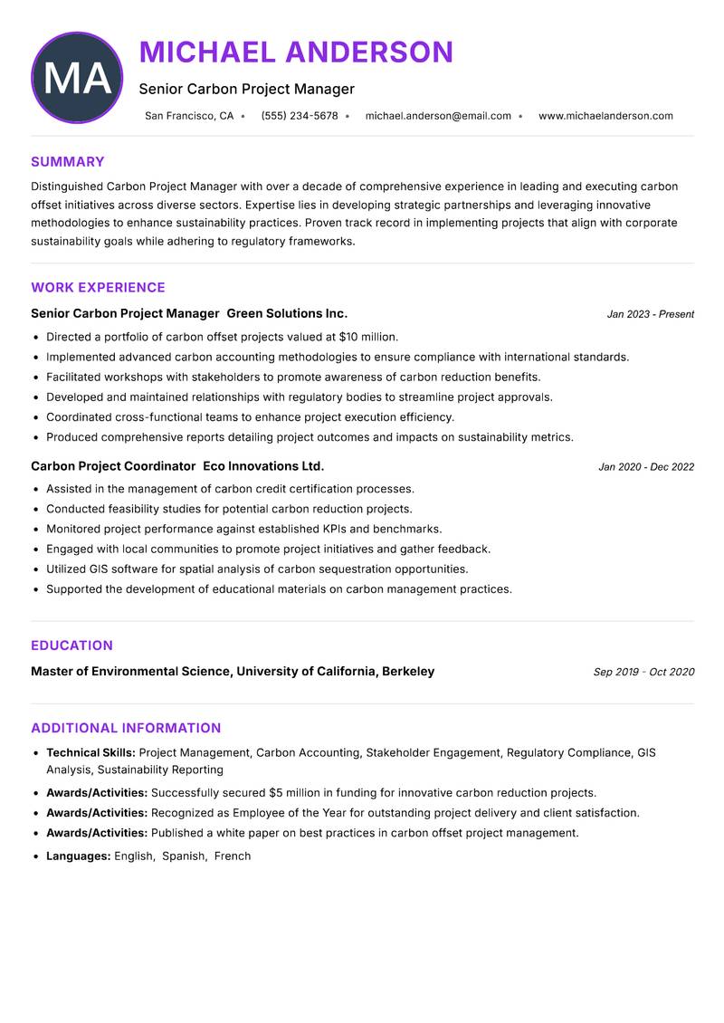 Carbon Project Manager Resume Preview Example
