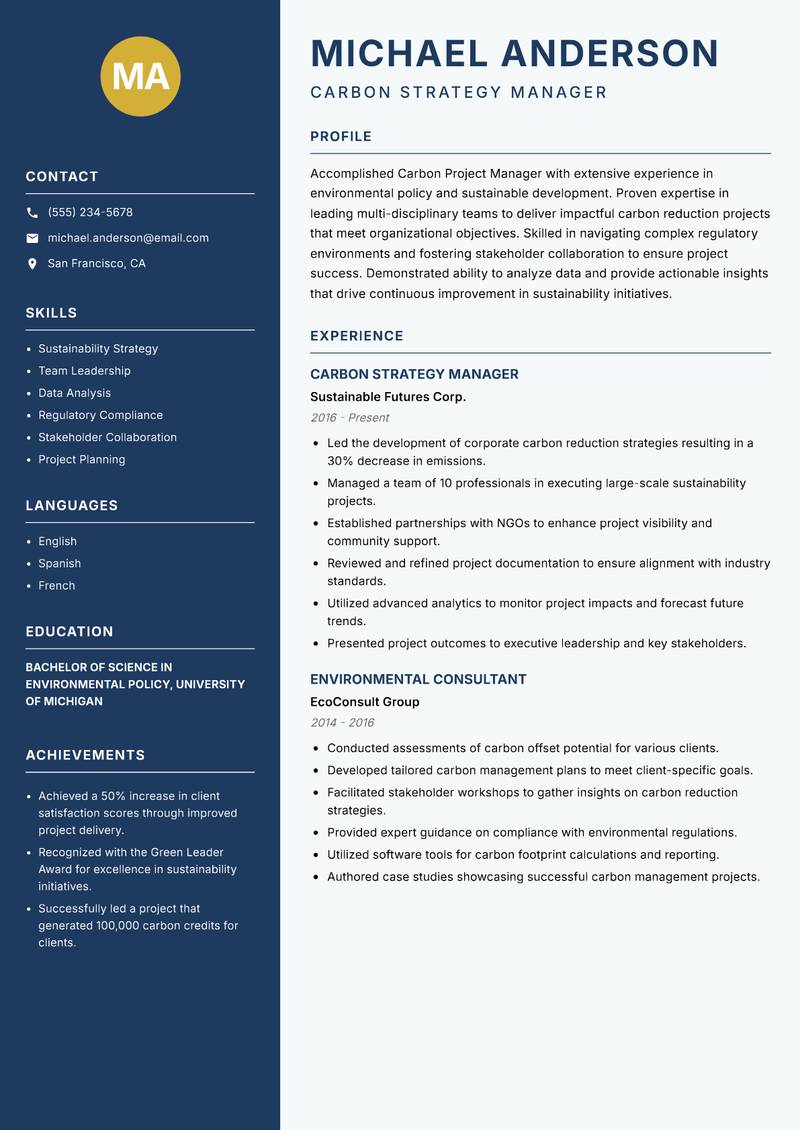 Carbon Project Manager Resume Preview Example