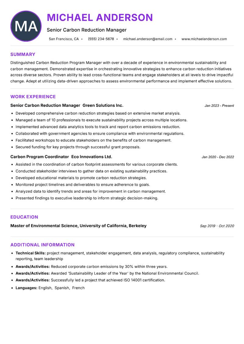 Carbon Reduction Program Manager Resume Preview Example