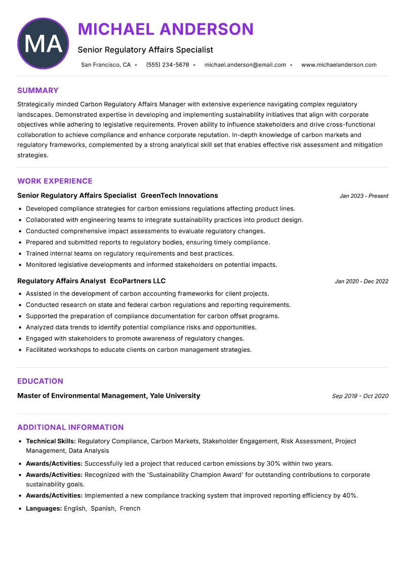 Carbon Regulatory Affairs Manager Resume Preview Example