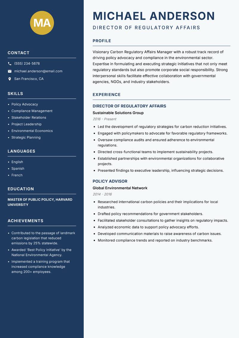 Carbon Regulatory Affairs Manager Resume Preview Example