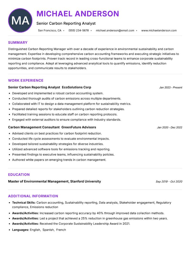 Carbon Reporting Manager Resume Preview Example