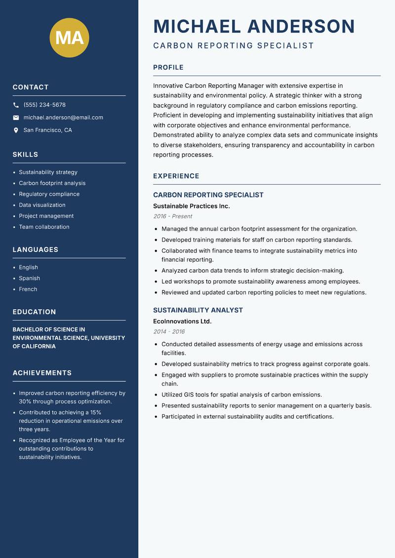 Carbon Reporting Manager Resume Preview Example