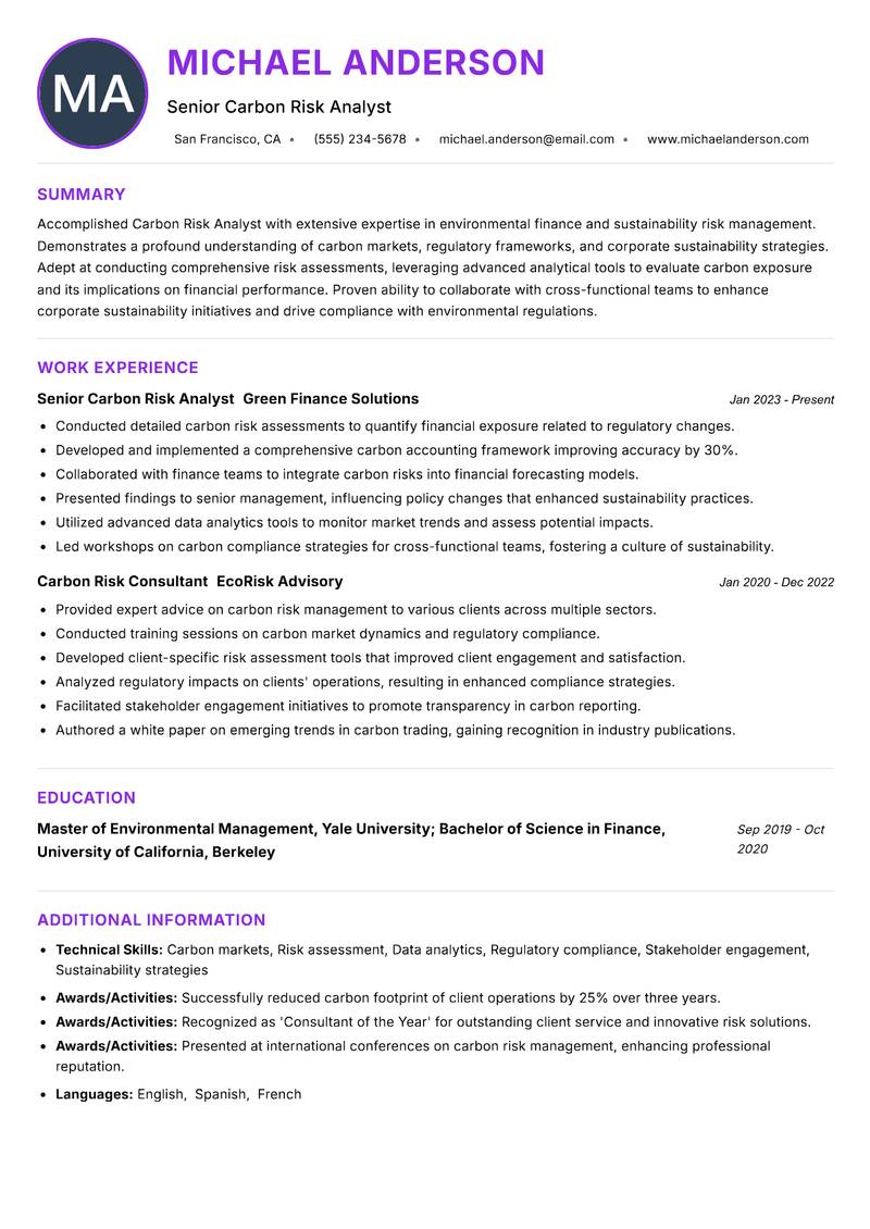 Carbon Risk Analyst Resume Preview Example