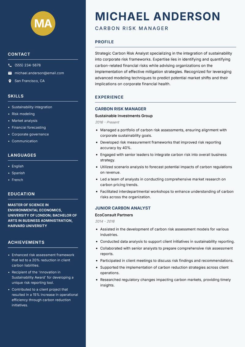 Carbon Risk Analyst Resume Preview Example