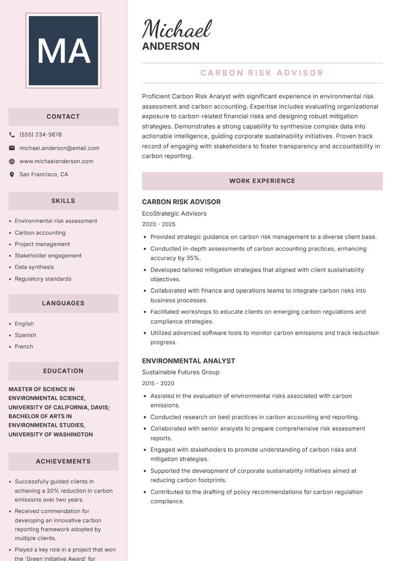 Carbon Risk Analyst Resume Preview Example